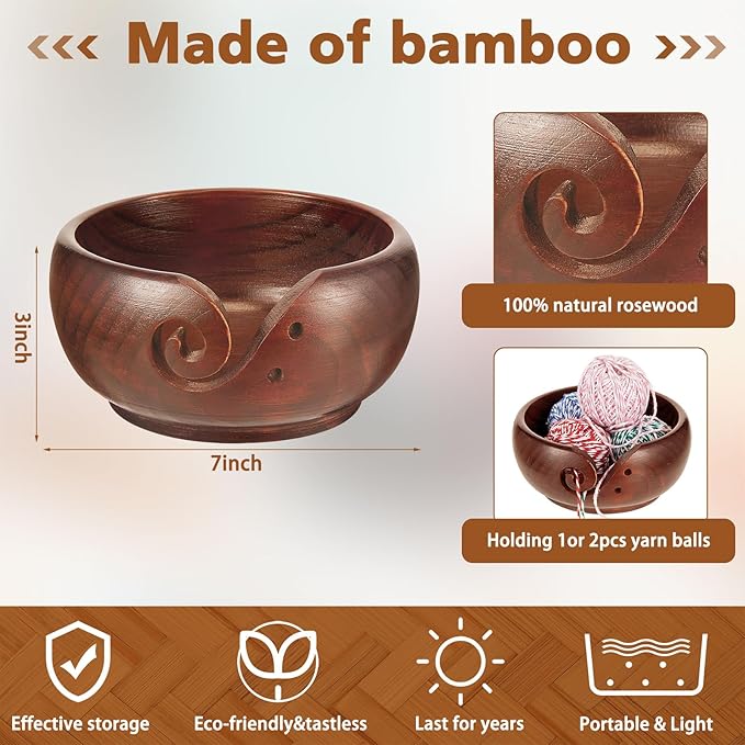 Patelai 7 x 7 x 3 Inch Wooden Yarn Bowls for Crocheting Round Knitting Wool Storage Yarn Bowl Handmade with Holes 12 Pieces Crochet Hooks for Knitting DIY Crafts Tools(Dark Brown)