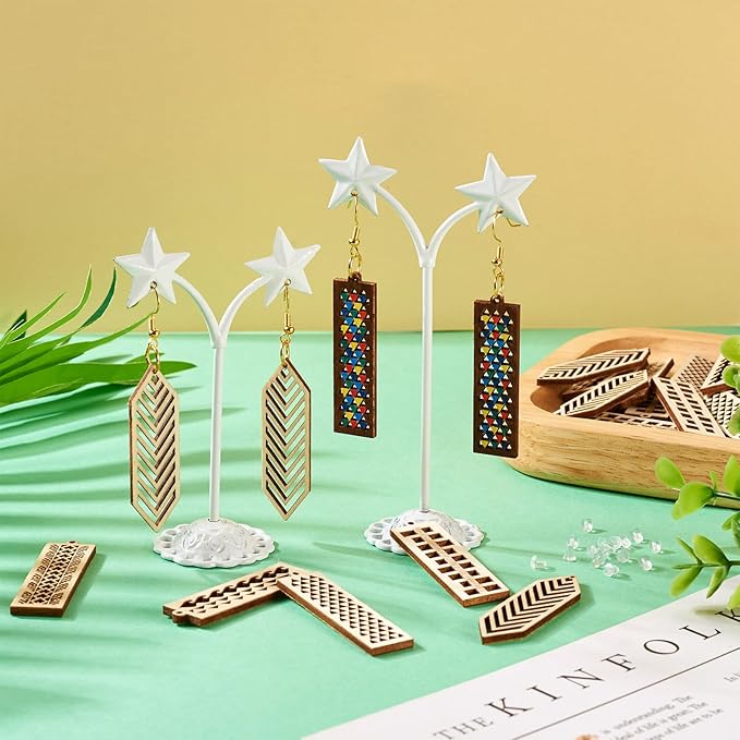 Elecrelive 30pcs Rectangle Wooden Earring Charms Unfinished Wood Filigree Charms & Earring Hooks Jump Rings Ear Nuts for DIY Earring Necklace Jewelry Making