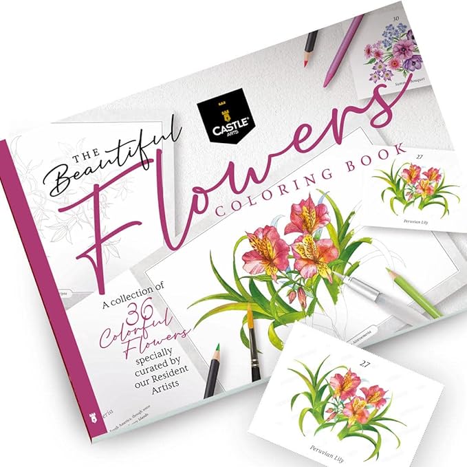 Castle Arts Flowers Colouring Book | 36 Mindfulness-Inspiring Blooms Curated by in-House Artists with Colour Reference Guide | No Show-Thru Artist Grade Paper | Frameable Landscape A4 Size