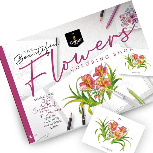 Castle Arts Flowers Colouring Book | 36 Mindfulness-Inspiring Blooms Curated by in-House Artists with Colour Reference Guide | No Show-Thru Artist Grade Paper | Frameable Landscape A4 Size