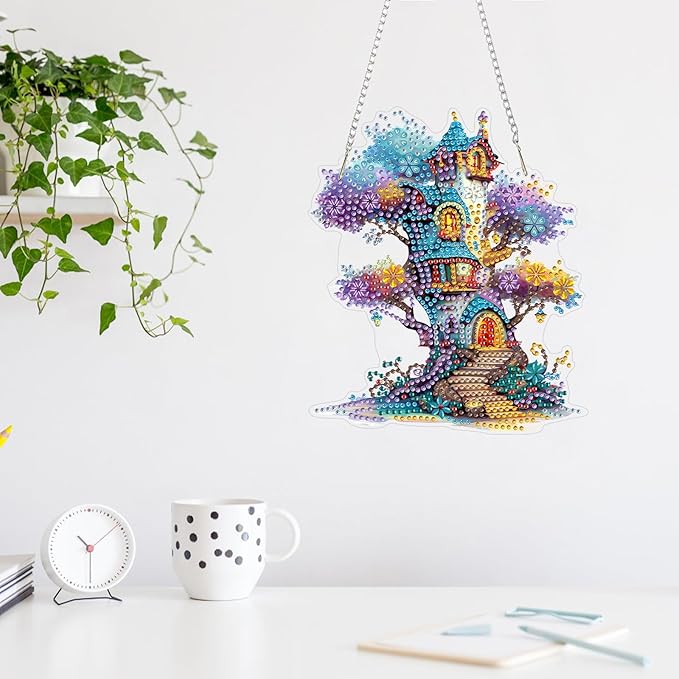 MAXBYE Diamond Art Kits Hanging Spirit House Pendant, DIY 5D Special Shaped Diamond Painting Craft Gem Art Rhinestone for Adults and Home Window Door Decor 8×8 Inch