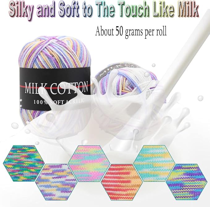 6 Rolls Acrylic Yarn, Large Skeins Assorted Colors, Perfect for Knitting Crochet and Crafts, Style 2
