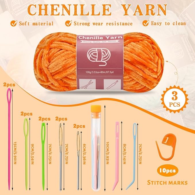 LUNARM Chenille Yarn for Crocheting Knitting, 3 Skein 263 Yard Thick Soft Chunky Fluffy Weaving Plush Yarn for Blankets Clothes Pattern Creations with Big Eye Needles (Orange)
