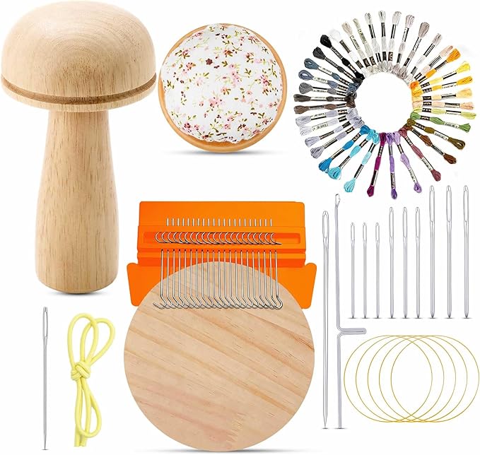 Jexine Mini Darning Mushroom for Socks 21 Hooks Small Speedweve Style Weaving Darning Loom with 9 Pcs Large Eye Needles 50 Colors Thread for Handcraft DIY Weaving Repair Tool(Orange)
