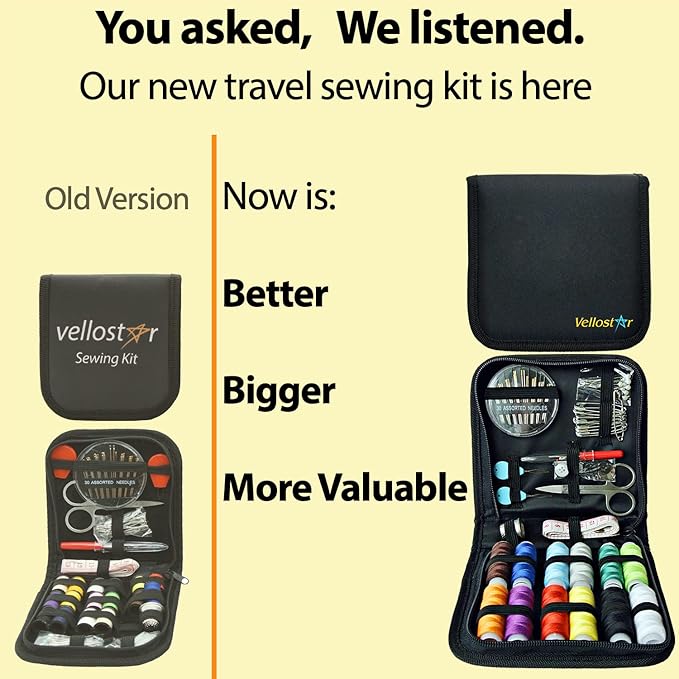 Vellostar Small Sewing Kit for Beginners – Portable Needle & Thread Travel Kit w/ 12 Thread Colors, Needles, Scissors & Measuring Tape for Emergency Clothing Repairs, Buttons, Hemming & Quick Mending