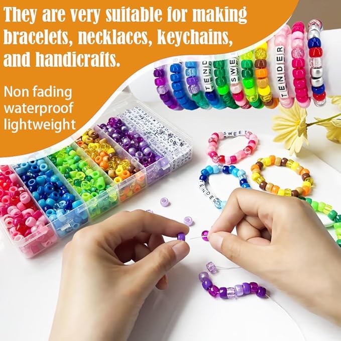 MIIIM 1300 Pcs Pony Beads Kit for Friendship Bracelet, 27 Styles Kandi Bracelet Kit in Box with Individual Compartments, Hair Beads for Braids, Letters (Rainbow)