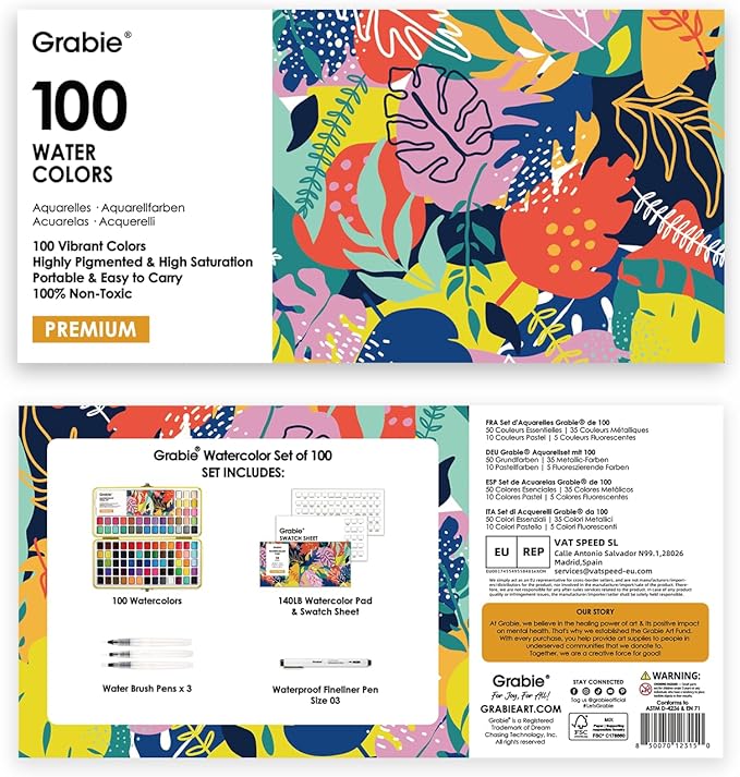 grabie 100 colors premium all-in-one watercolor paint set - 50 essential, 35 metallic, 10 pastels, 5 neon hues - portable case, brush pens, paper pad, waterproof fineliner pen, beginner & professional