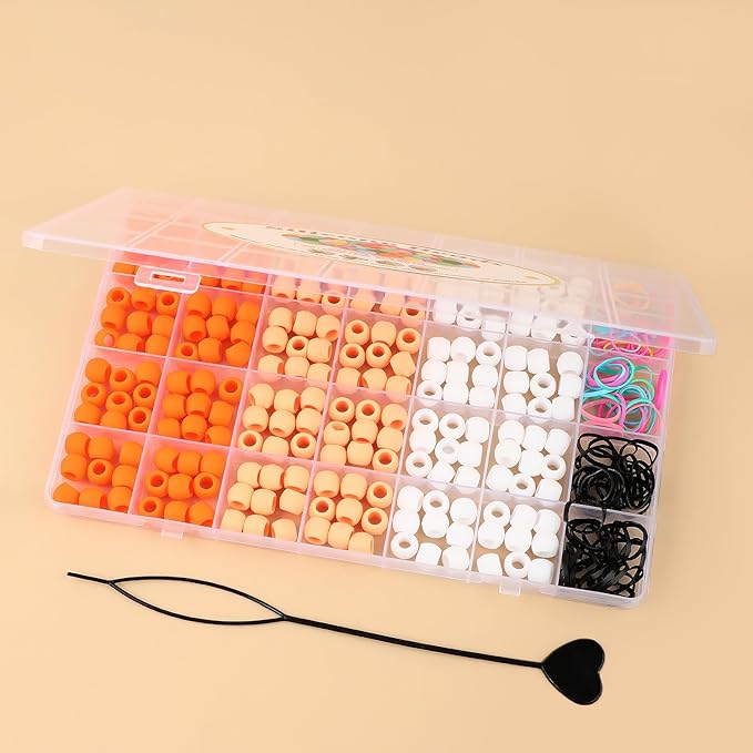 AD Beads 216PCS 6x9mm Soft Silicone Beads for Hair, Orange Series with 80 Elastic Bands, Tool and Storage Box Kit for Braids, Bracelet, Crafts.