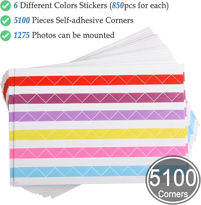 50 Sheets Self Adhesive Photo Corners - Hold 1275 Photos - 6 Colors 5100 pcs Photo Mounting Corner Stickers for Polaroid, Instax Foto of DIY Picture Scrapbook and Recollections Photo Album