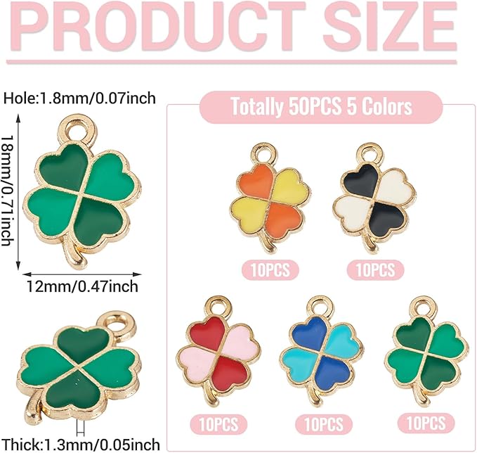 Cheriswelry 50Pcs Clover Charms Enamel Alloy Gold Plated Pendants Shamrock Four Leaf Lucky Pendants 18x12x1.3mm for St. Patrick's Day Decoration Necklace Bracelet Earring DIY Jewelry Making
