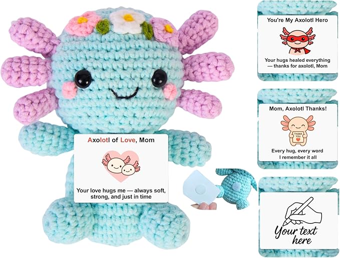 Handmade Mini Positive Crochet Animals Customizable Card Set with Positive Messages Emotional Support Crochet Birthday Gift for Woman Men Her him Motivational Desk Decor (Axolotl - Mom)