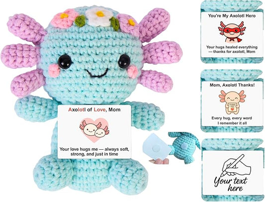 Handmade Mini Positive Crochet Animals Customizable Card Set with Positive Messages Emotional Support Crochet Birthday Gift for Woman Men Her him Motivational Desk Decor (Axolotl - Mom)