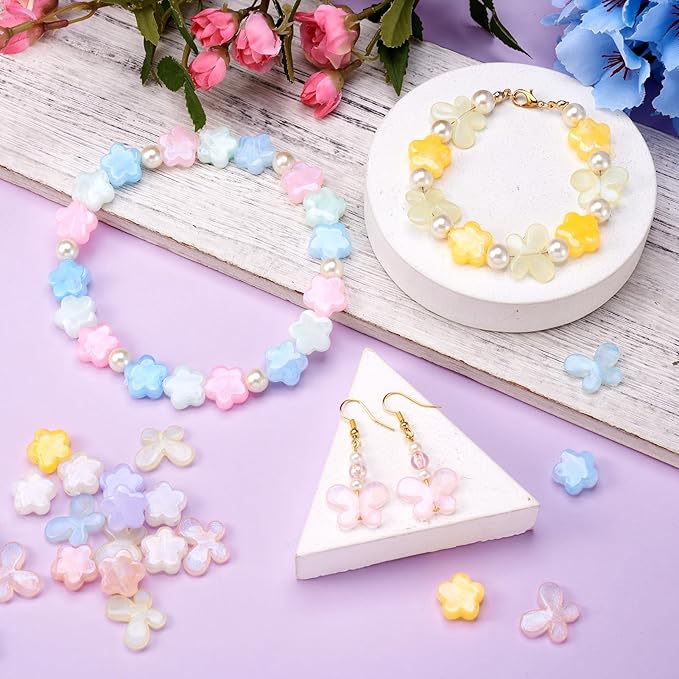 FASHEWELRY 140Pcs Acrylic Butterfly Flower Beads for Bracelet Making Assorted Cute Pony Bead Glitter Kawaii Beads Bulk Colorful Kandi Bracelet Bead for Jewelry Making