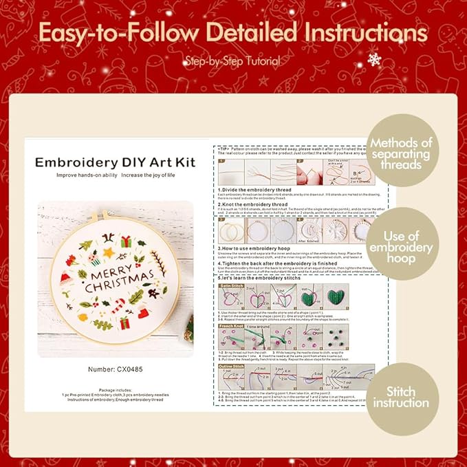 christmas embroidery kits: 3 pack cross stitch kit for beginners adults, diy ornaments craft kit with all tools & instructions, stamped hand embroidery starter kit for holiday crafts & xmas home decor