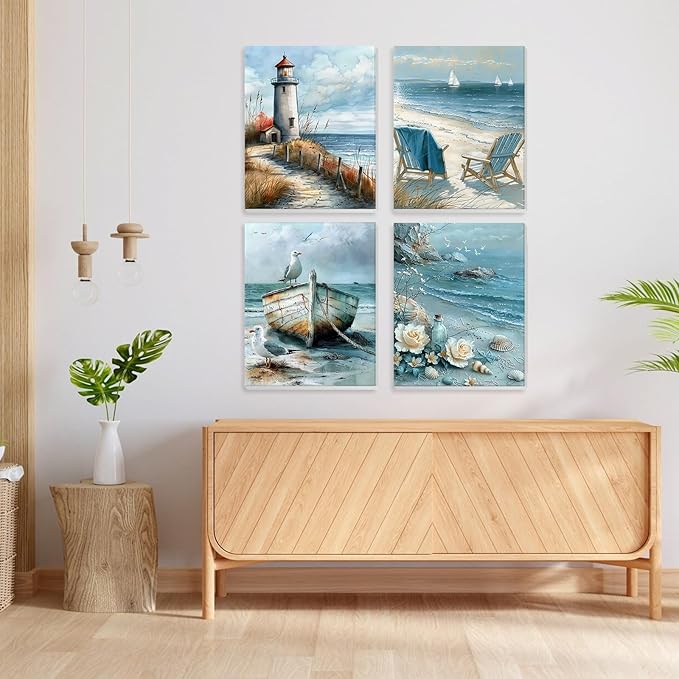 NEWENMO 4 Pack Paint by Numbers Kit for Kids Beginner with Wooden Frame, Lighthouse, Beach, Paint by Numbers Kit for Adults, Coastal Landscape, DIY Painting Kits for Home Wall Decor 8x10 inch