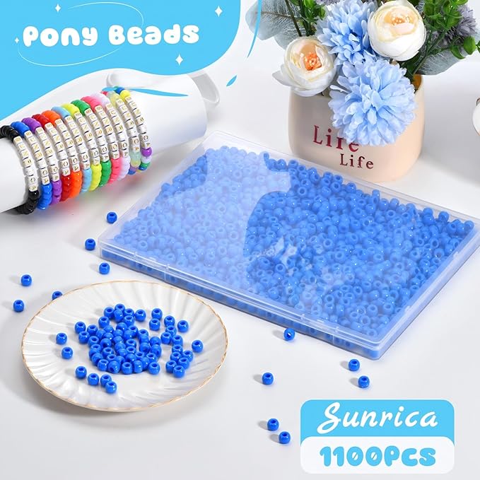 sunrica 1100pcs dark blue pony beads 6x9mm large hole plastic beads for kandi, hair braids, necklaces, friendship bracelets