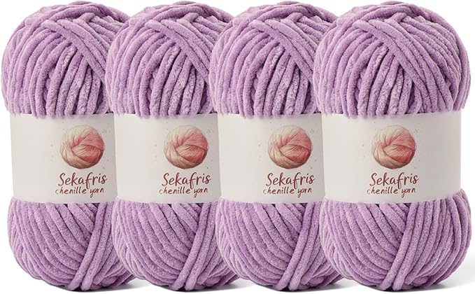 4 Pack Chunky Chenille Yarn for Crocheting, Baby Yarn for Crocheting Soft Blanket, 349.9 yds /14.1 oz Crochet Yarn, Bulky 5 Amigurumi Yarns, Fluffy Velvet Yarns for Knitting Crafts (4 Light Purple)