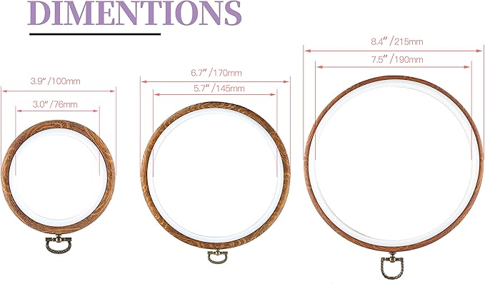 piutouyar 3 pieces round embroidery hoop set imitated wood display frame embroidery hoops circle cross stitch hoop ring for art craft sewing and hanging ornaments decor (4"+6.7"+8.4")