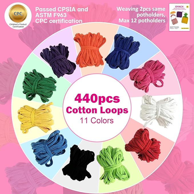 OYACH 7inch Cotton Potholder Metal Weaving Loom Loops Kit,11 Colors Loom Kit with 440 Rainbow Loops/Metal Loom/10 Ring Hooks,DIY Crafts for Kids Adults,Gift for Ages 6 7 8-12 Year Old(12 Potholders)