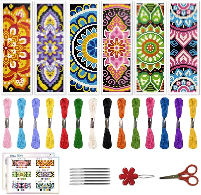ACRNIGHEET 6PCS Cross Stitch Bookmark Kit for Beginner Mandala Stamped Cross Stitch Kits for Adults DIY Embroidery Bookmark Kits Crossstitch Kits Adult with Instructions Hand Craft Gift 11CT