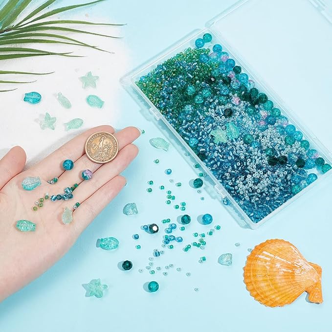 SUNNYCLUE 1 Box 3100+Pcs Sea Glass Beads Kit Glass Ocean Beads Glass Starfish Shell Fish Beads Summer Hawaii Ocean Animal Bead Cyan Spacer Loose Beads for Jewelry Making DIY Beading Crafts Supplies