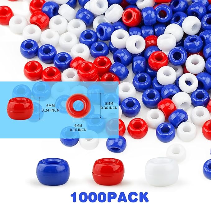 sistenia 1000+ pony beads 9mm patriotic acrylic red white blue beads for 4th of july crafts bracelets hair braids diy projects, independence day memorial decorations