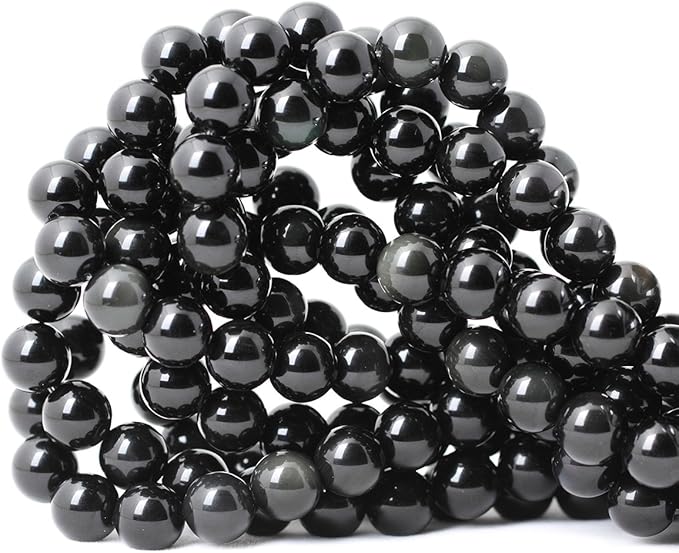 cheavian 35pcs 10mm natural black obsidian gemstone round loose beads crystal energy stone healing power for diy jewelry making 1 strand 15"