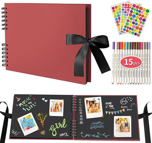 EVNEED 11.5 x 8.5 Inch Scrapbook Photo Album,Wedding Guest Book Anniversary Memory Scrapbooking,Wedding Photo Album with DIY Accessories Kit for Craft Paper DIY,80 Pages (40 Sheets),Red