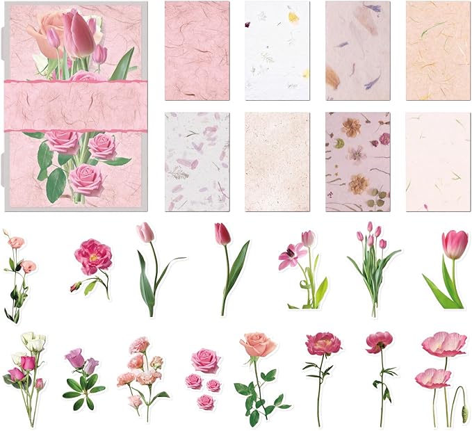 Teozeqe 31 PCS Premium Flower Scrapbook Kit – Big Realistic Floral PET Stickers & Vintage Paper for DIY Crafts, Bullet Journals & Scrapbooking 3 x 4.7 (Light Pink Fragrance)
