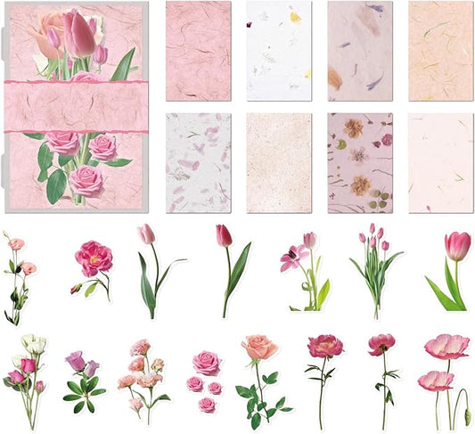 Teozeqe 31 PCS Premium Flower Scrapbook Kit – Big Realistic Floral PET Stickers & Vintage Paper for DIY Crafts, Bullet Journals & Scrapbooking 3 x 4.7 (Light Pink Fragrance)