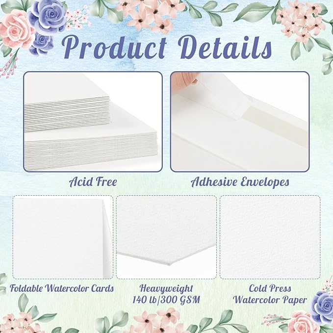 Prudiut 20 Sets Watercolor Cards with Envelopes, 140 lb/300 GSM Watercolor Paper Cards, 5x7 Inch Foldable Blank Cards and Envelopes for Wedding Invitations Greeting Thank You Mothers Day Gifts Card