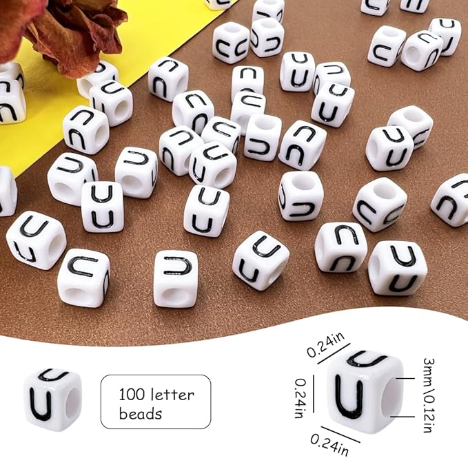 MIIIM 100pcs Pony Beads Letter U for Keychains Making, 6x6mm Large Hole Square Letter Beads for Bracelets Making, Alphabets, Numbers (White and Black)