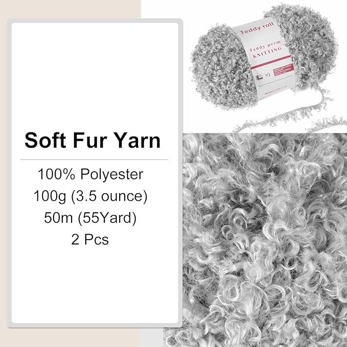 MECCANIXITY 2 Skeins Fur Yarn Soft Fluffy Chunky Yarn Fuzzy Eyelash Yarn Light Gray for Crocheting Knit Clothes Bag - 55Yard/50m, 3.10ozx2