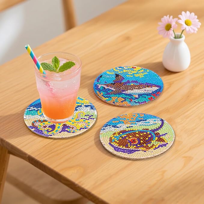 8 Pcs Ocean Diamond Art Coaster Kits with Holder,Diamond Painting Coasters for Adults Beginners,Home Decor Abstract,Fun Gifts for Women