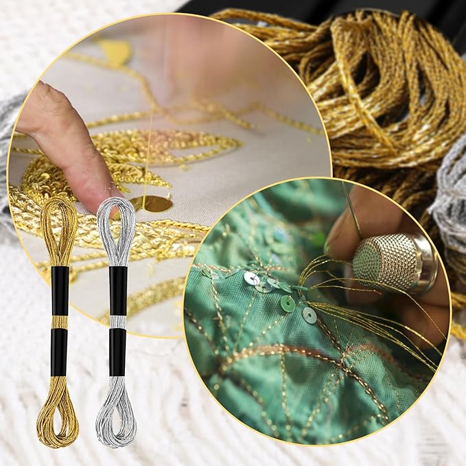 6 Skeins Embroidery Threads, Metallic Embroidery Floss Friendship Bracelet Cross Stitch Thread for Sewing Making Yarn Accessories Craft String Art Supplies (Gold + Silver)