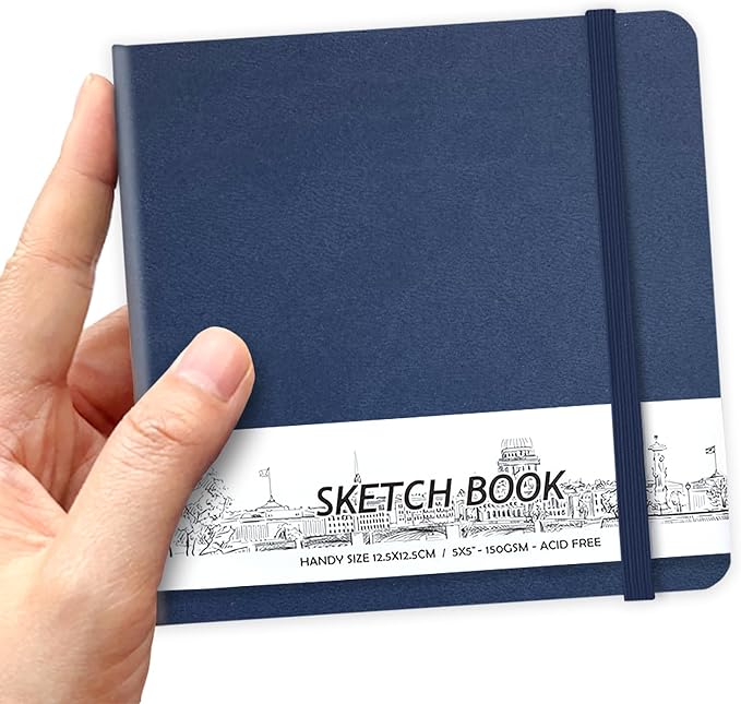 5" x 5" Hardcover Sketch Book,Small Mixed Media Sketch Pad,58 Sheets 150GSM Acid-Free Artist Drawing Paper,Travel Journal Blank Notebook for Adults Painting,Illustration,Art Supplies.Dark Blue