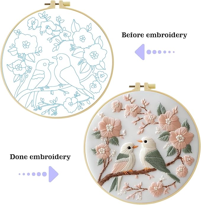 JOZYSH 11CT Embroidery Kit for Beginners Adult, Hummingbird Embroidery Kit for Beginners Include Embroidery Cloth Hoops Threads for Craft Lover Hand Stitch with Embroidery Skill Techniques