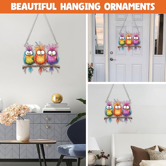 NAIMOER Funny Birds Diamond Art Hanging Kits for Adults 5D Special Shaped Rhinestone, DIY Acrylic Diamond Art Painting Window Pendants Home Garden Wall Hanging Ornament Kits, Double Sided