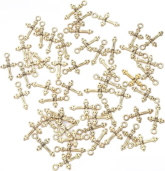 50 Pcs Vintage Crucifix Pendants Beading Charms with Hole Metal Religious Antique Silver Gold Bulk Cross for Jewelry Making Kit DIY Bracelet Necklace Earring Keychain Accessories Supplies