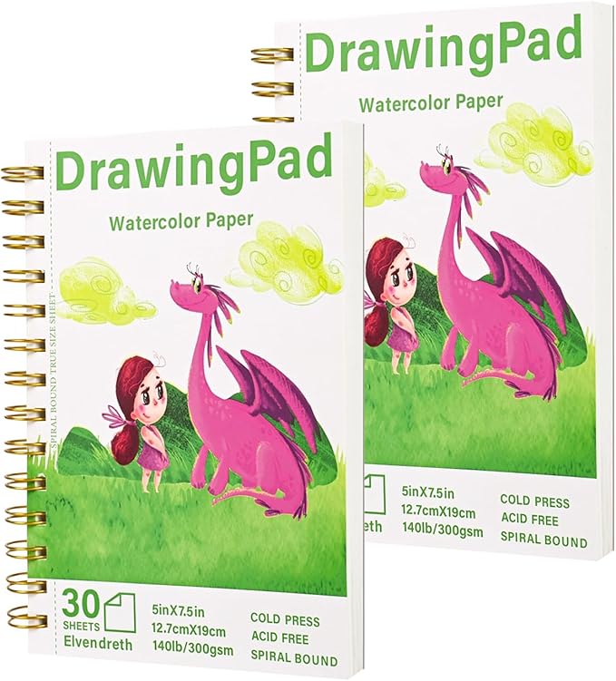 2-Pack Elvendreth Drawing Paper Pad, 5x7.5 Inch, 140lb/300gsm No Bleed-Through Watercolor Paper, Spiral-Bound/Tear-Line, 30 Sheets for Adults, Kids, Artists -Watercolor Book, Exercises & Mixed Media