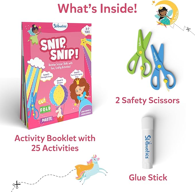 skillmatics scissor skills activity book - snip snip unicorns & princesses, 25 fun cutting & creative activities, 2 child-safe scissors, felt craft kit, valentine’s day gift for ages 3, 4, 5, 6, 7