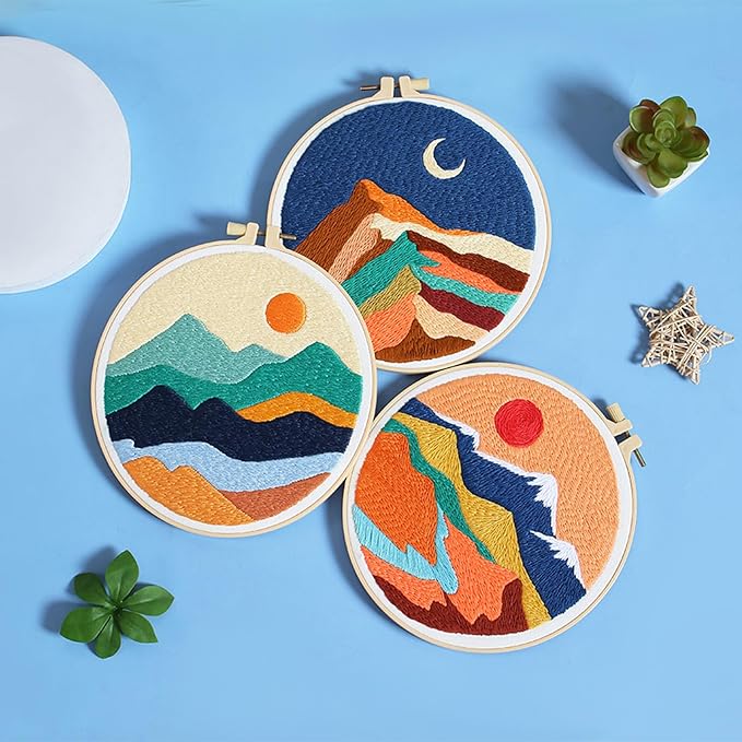 Louise Maelys 3 Set Landscape Embroidery Kits for Beginners,Cross Stitch Kit for Adults,DIY Needlepoint with Mountain Sun Moon Pattern