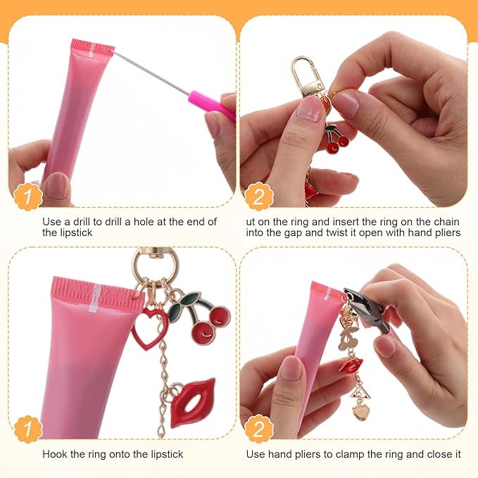 Tondiamo 443 Pcs Charms Lip Gloss Keychain Making Kit DIY Bag Charm Jewelry Chain Including 150 Charms 40 Extender Chain 40 Keychain Clips 200 Jump Ring Jewelry Plier for DIY Crafts Women