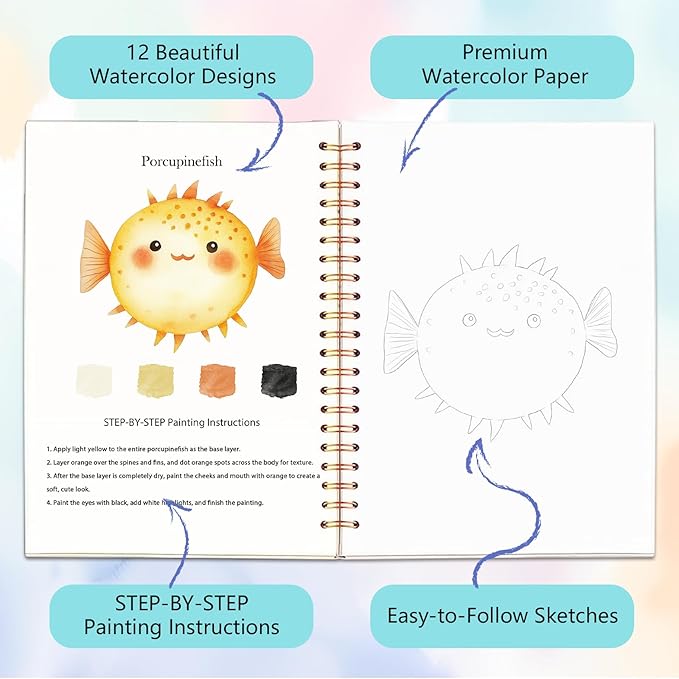 Easy Watercolor Workbook for Beginners - 12 Beautiful Step-by-Step Paintings Water Coloring Book, Includes 18 Colors Paints, Relaxing Art Projects and Creative Gift for Adults & Teen (Marine Animals)