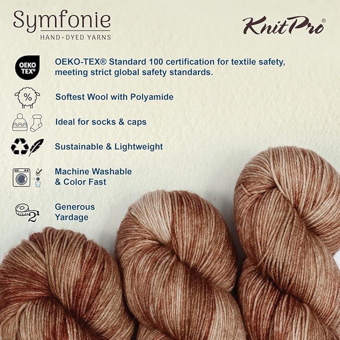 KnitPro Symfonie Fingering Weight Hand Dyed Variegated Yarn Skein | Extra Fine Merino Wool & Polyamide Blend for Knitting & Crocheting, Oeko-TEX Certified 400m, 100g | Terra Mocha