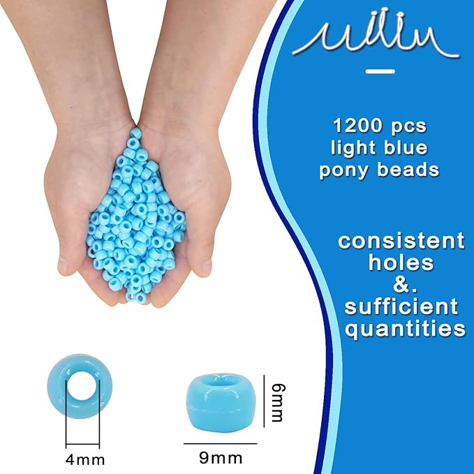 MIIIM 1200PCS 6x9mm Pony Beads Bulk, Light Blue Kandi Beads for Bracelets Making Kit, Hair Braids Crafts for Jewelry Making (Light Blue)