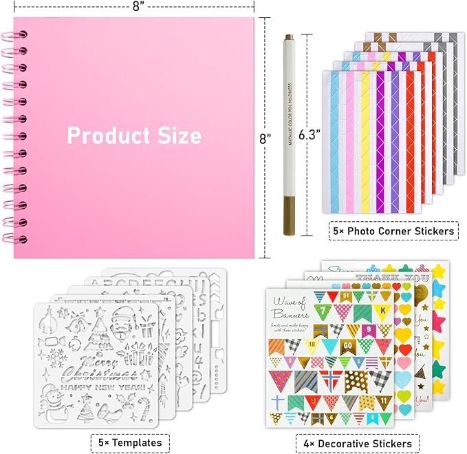 GOTIDEAL 8 x 8Inch Scrapbook Album,40 Pages Kraft Paper Photo Albums for Wedding&Anniversary,Family DIY Scrap Book Kits with Metallic Markers&Scrapbooking Stickers Corners(Pink)