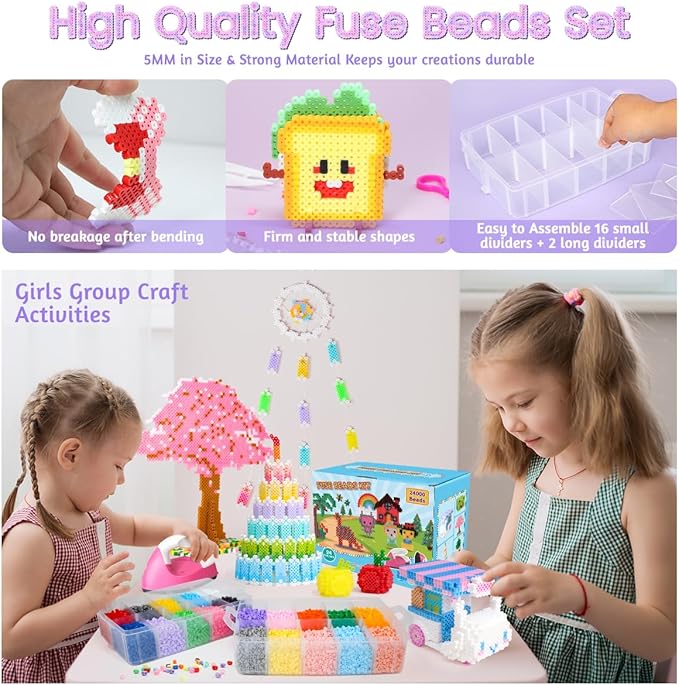 meland fuse beads with mini iron - 24,000pcs beads for crafts for girls age 3-12 year old, 24 color 5mm melty bead set, art & craft kit for girls gift idea for birthday christmas