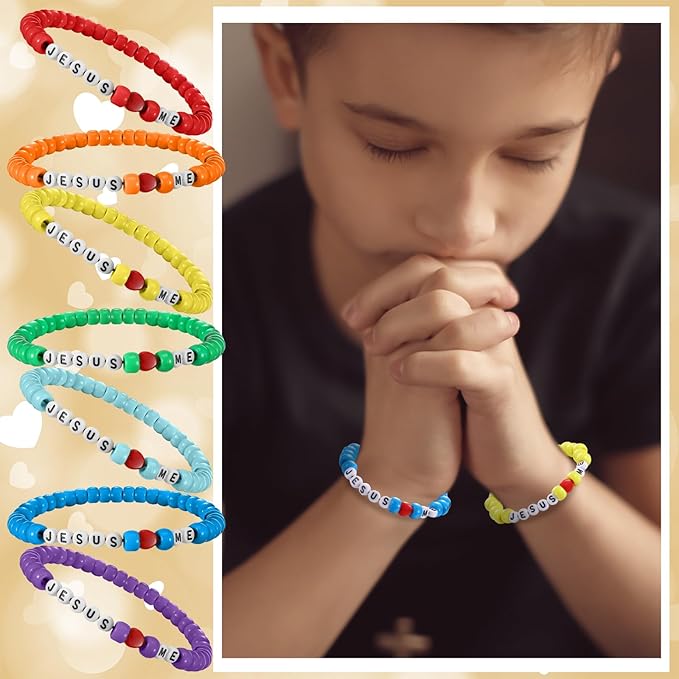 Ferreve 35 Sets Christian Bracelet Crafts Jesus Loves Me Bead Wristband Craft Kit DIY Sunday School Bracelet with Love Letter Charms for Religious VBS Gifts Making(Jesus Love Me,Rainbow)