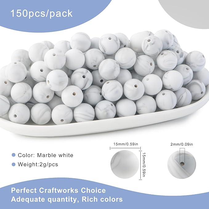150Pcs 15mm Silicone Beads for Keychain Making Bracelet Necklace, Bulk Round Silicone Beads for Pens（Marble White）